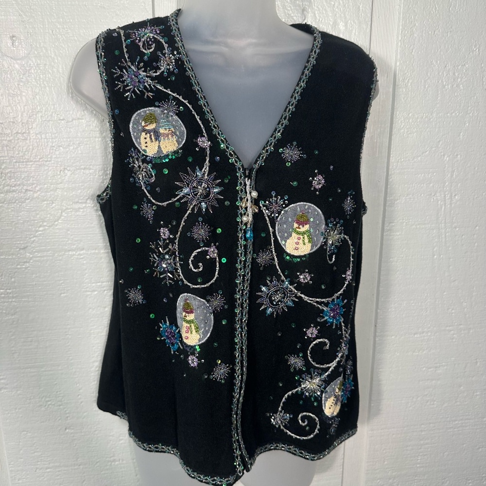 Marisa Christina Black and Silver Snowman’s Christmas Sweater Vest Size M EUC